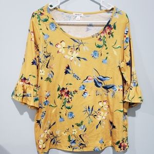 Yellow Floral Print Bell Sleeved Blouse